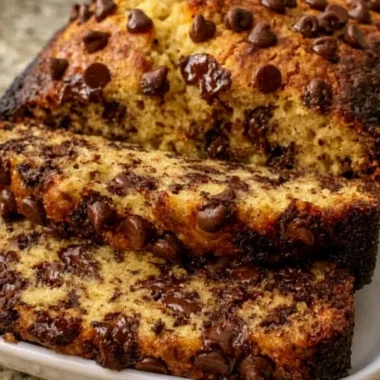 Super moist chocolate chip banana bread sliced and served on a plate