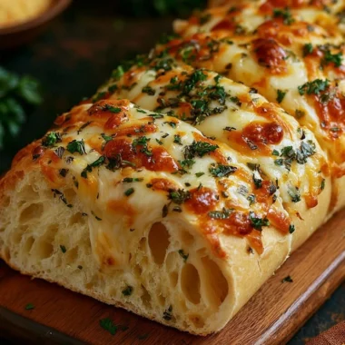Deliciously baked Italian Herb and Cheese Bread with herbs and melted cheese.
