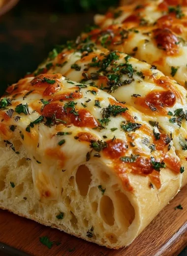 Deliciously baked Italian Herb and Cheese Bread with herbs and melted cheese.
