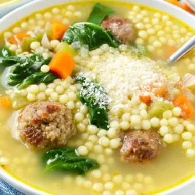 Bowl of Italian Wedding Soup with meatballs and fresh greens
