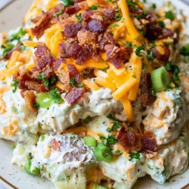 A delicious bowl of loaded baked potato salad topped with bacon and chives
