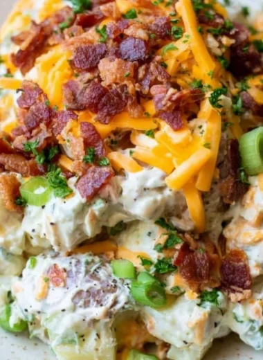 A delicious bowl of loaded baked potato salad topped with bacon and chives