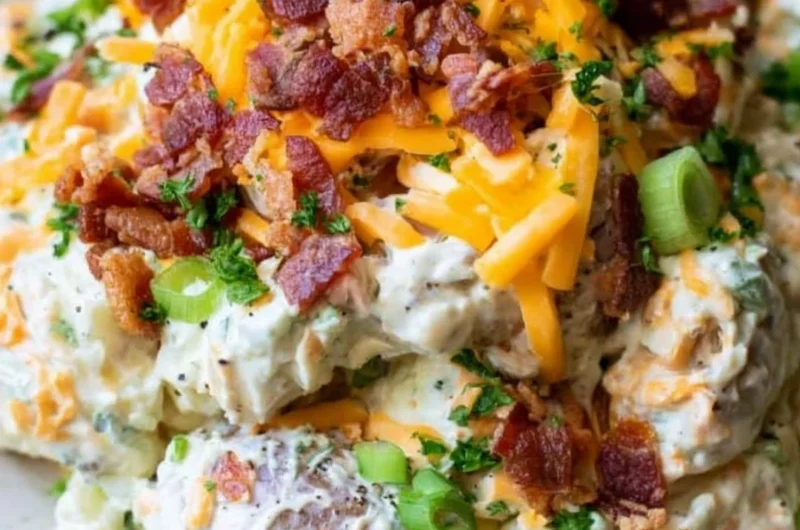 A delicious bowl of loaded baked potato salad topped with bacon and chives