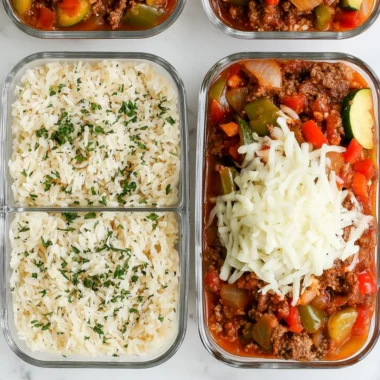 Colorful unstuffed pepper bowls filled with rice and vegetables for meal prep.