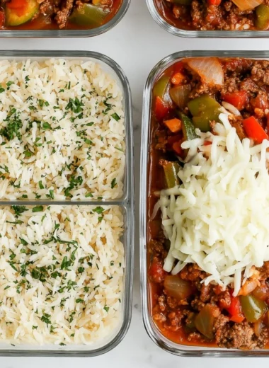 Colorful unstuffed pepper bowls filled with rice and vegetables for meal prep.