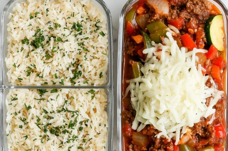 Colorful unstuffed pepper bowls filled with rice and vegetables for meal prep.