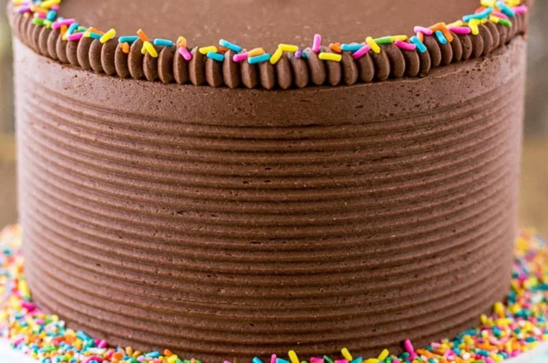 Moist yellow cake with rich chocolate frosting on a white plate