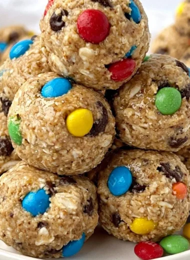 Healthy Monster Cookie Energy Balls made with oats, chocolate, and peanut butter.