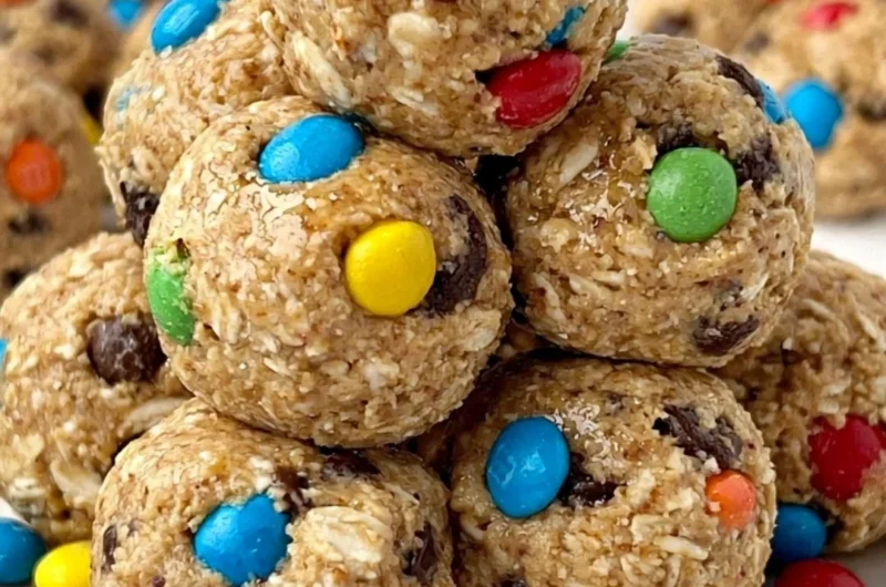 Healthy Monster Cookie Energy Balls made with oats, chocolate, and peanut butter.