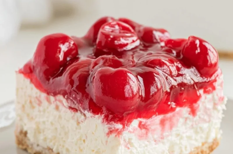 Delicious no bake cherry cheesecake topped with fresh cherries.