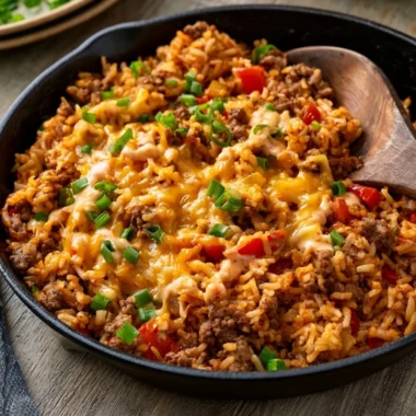 One-pot cheesy Cajun beef rice served in a bowl with fresh herbs