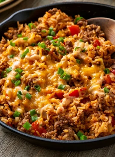 One-pot cheesy Cajun beef rice served in a bowl with fresh herbs