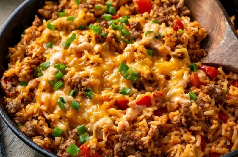 One-pot cheesy Cajun beef rice served in a bowl with fresh herbs