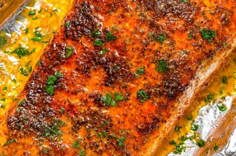 Delicious oven baked salmon fillets garnished with herbs and lemon