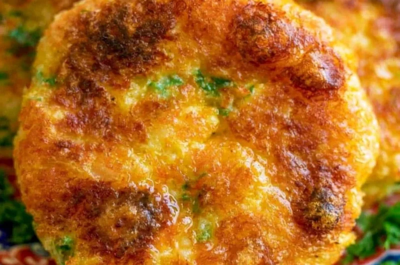 Golden brown potato cutlet on a white plate garnished with herbs