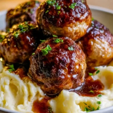 Salisbury steak meatballs served with garlic herb mashed potatoes