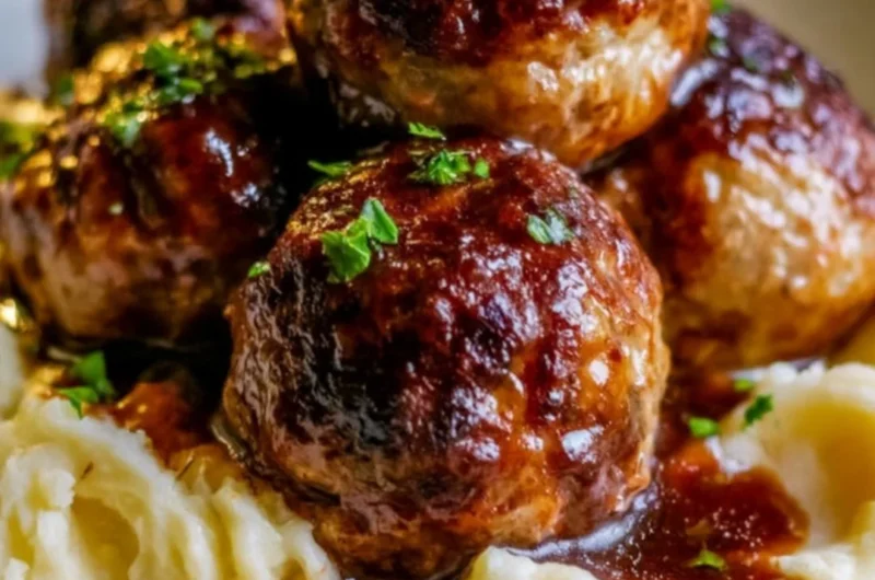 Salisbury steak meatballs served with garlic herb mashed potatoes