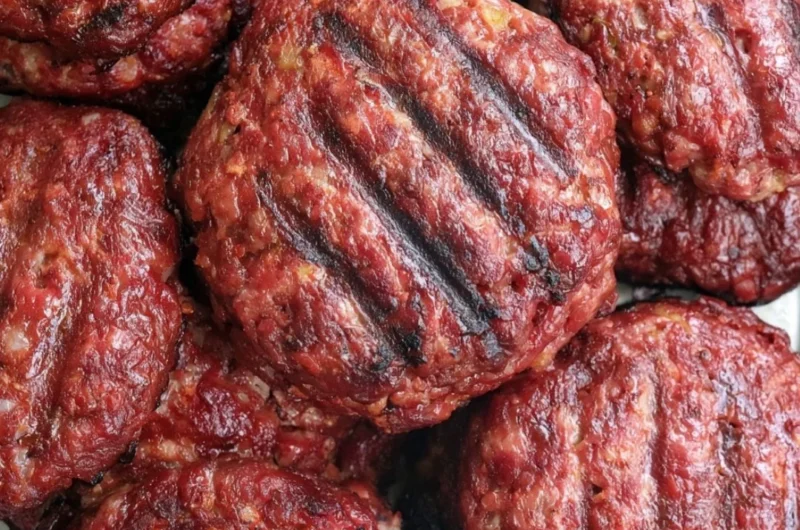 Delicious smoked burgers stacked with toppings on a plate