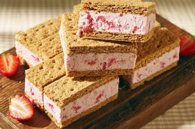 Delicious strawberry ice cream sandwiches made with fresh strawberries and cookies