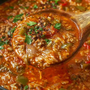A bowl of delicious stuffed pepper soup with colorful peppers and ground meat.