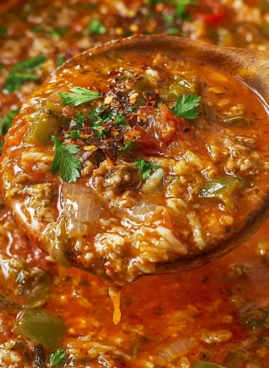 A bowl of delicious stuffed pepper soup with colorful peppers and ground meat.