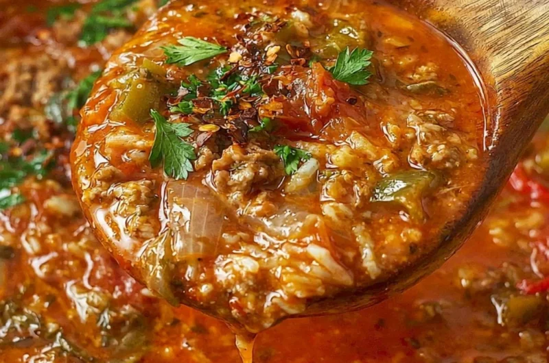 A bowl of delicious stuffed pepper soup with colorful peppers and ground meat.