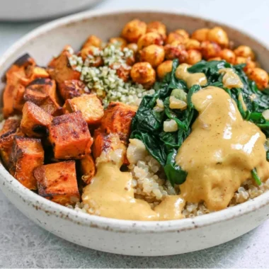 Colorful Sweet Potato Grain Bowls with a variety of fresh vegetables