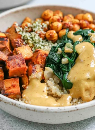 Colorful Sweet Potato Grain Bowls with a variety of fresh vegetables