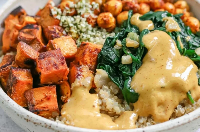 Colorful Sweet Potato Grain Bowls with a variety of fresh vegetables
