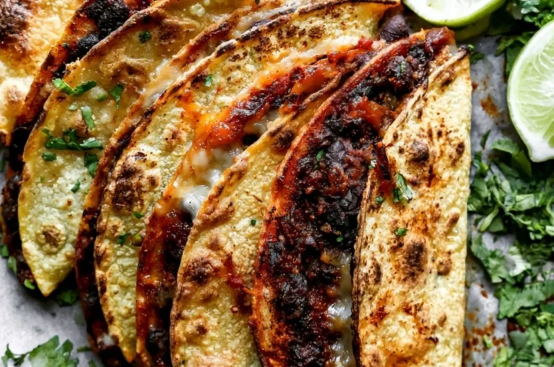 Crispy black bean tacos topped with cilantro lime sauce