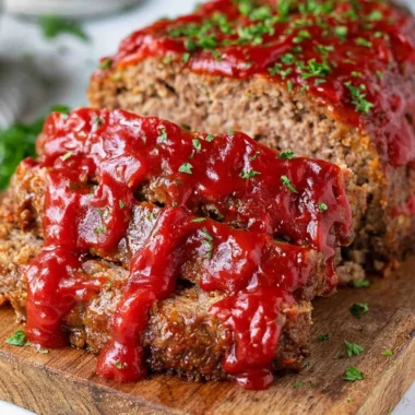 Delicious homemade meatloaf fresh out of the oven, served with mashed potatoes.