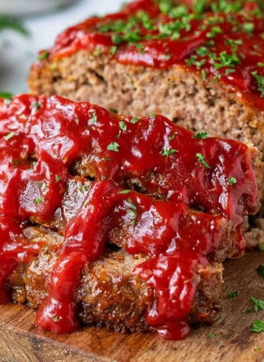 Delicious homemade meatloaf fresh out of the oven, served with mashed potatoes.