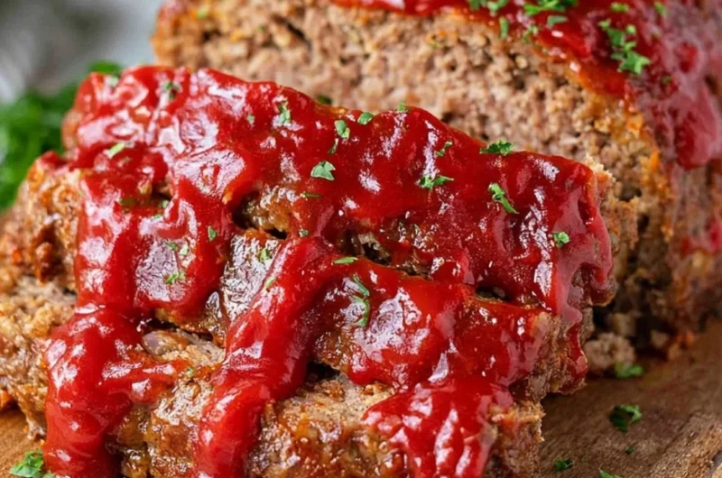 Delicious homemade meatloaf fresh out of the oven, served with mashed potatoes.