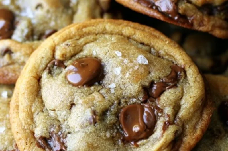 Freshly baked brown butter chocolate chip cookies on a cooling rack