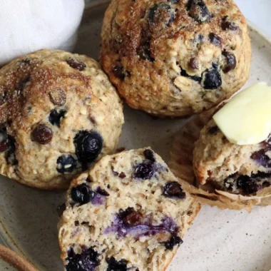 Cozy chocolate chip blueberry muffins fresh out of the oven