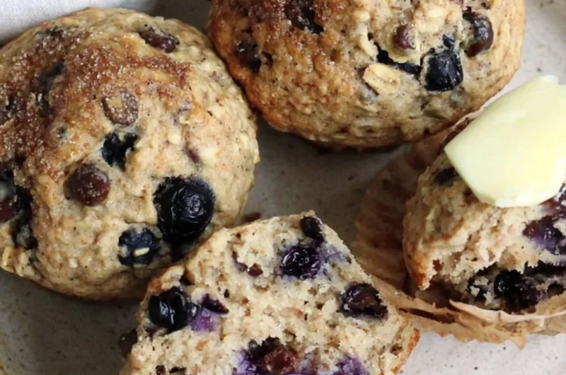 Cozy chocolate chip blueberry muffins fresh out of the oven