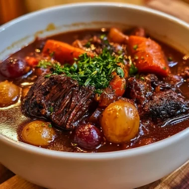 Delicious cozy French beef stew served in a rustic bowl with herbs