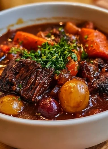 Delicious cozy French beef stew served in a rustic bowl with herbs