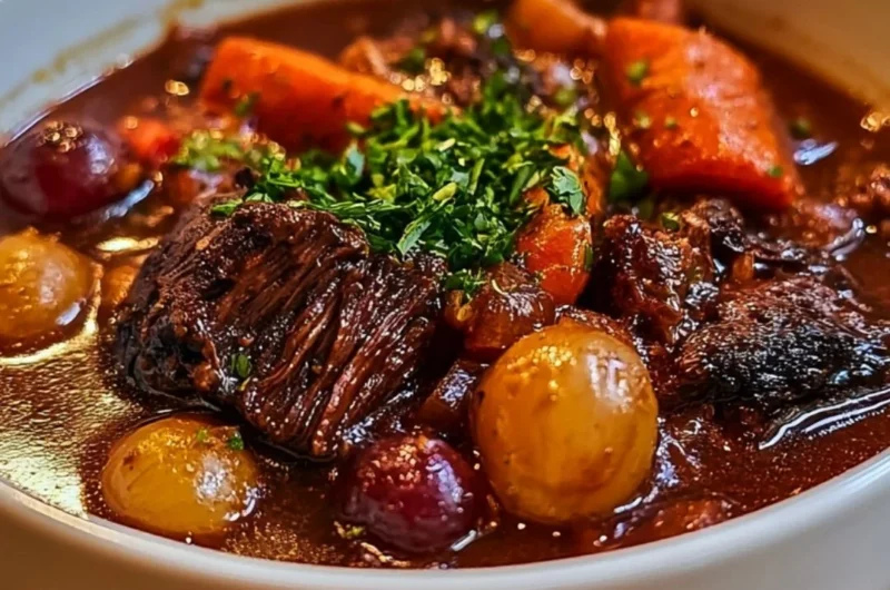 Delicious cozy French beef stew served in a rustic bowl with herbs