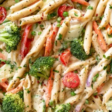 Cozy spring pasta dish featuring fresh garden vegetables and creamy sauce