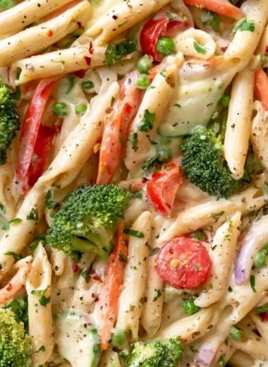 Cozy spring pasta dish featuring fresh garden vegetables and creamy sauce