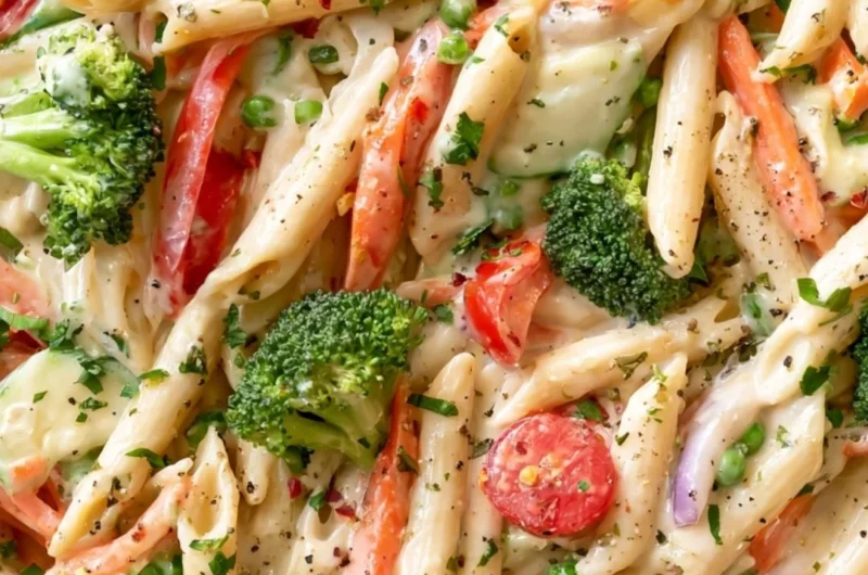 Cozy spring pasta dish featuring fresh garden vegetables and creamy sauce