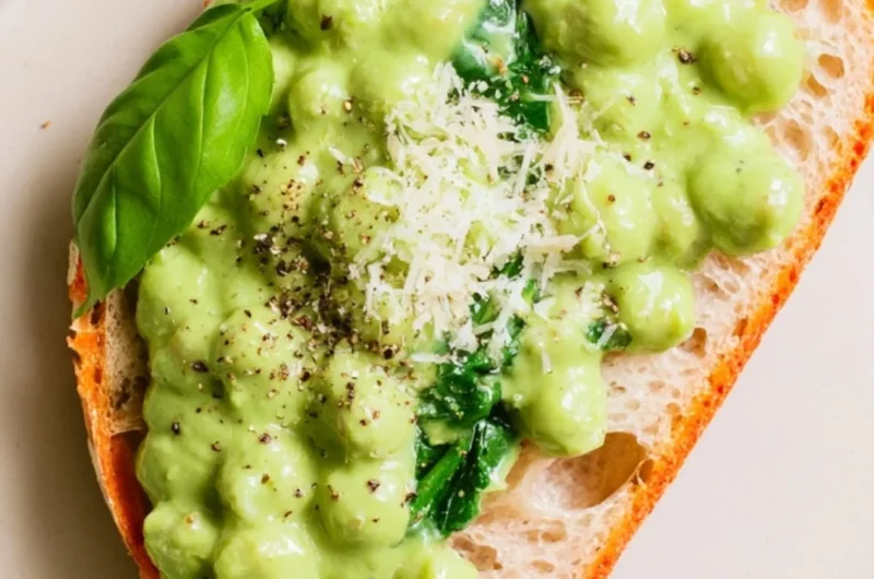 Creamy high protein pesto chickpeas served in a bowl with fresh basil