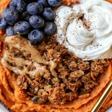 Delicious and nutritious fluffy sweet potato breakfast bowl topped with toppings