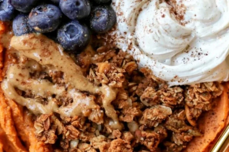 Delicious and nutritious fluffy sweet potato breakfast bowl topped with toppings