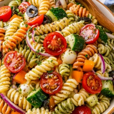 Bowl of colorful Italian Pasta Salad with vegetables and herbs