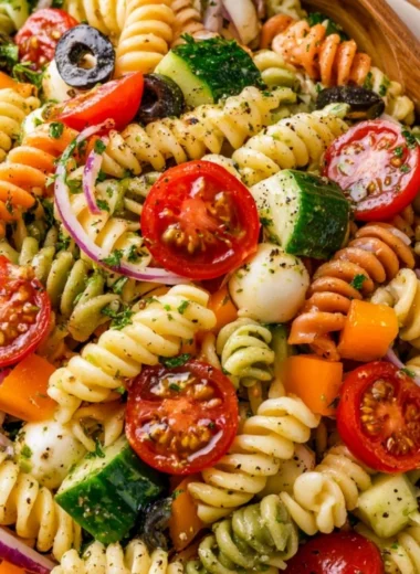 Bowl of colorful Italian Pasta Salad with vegetables and herbs