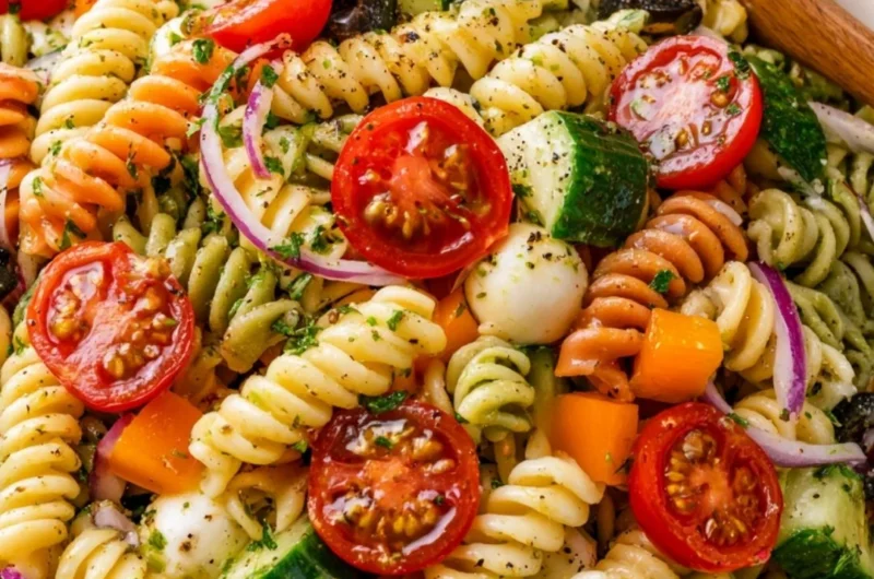 Bowl of colorful Italian Pasta Salad with vegetables and herbs
