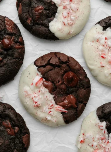 Delicious peppermint bark cookies decorated with crushed peppermint candy.