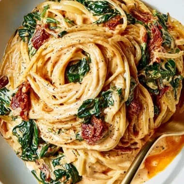 Quick and easy spinach spaghetti with sun-dried tomatoes garnished with herbs